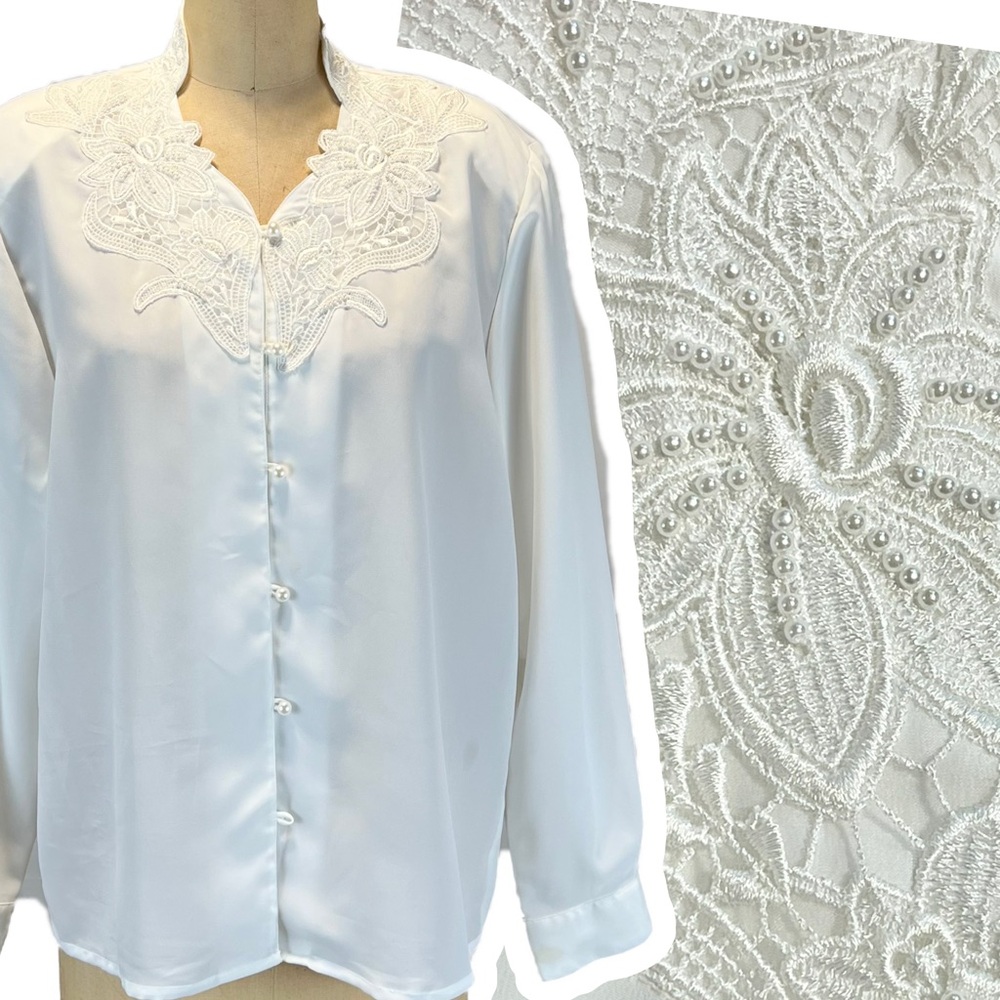 VINTAGE embroidered floral beaded blouse button down‎ fancy v neck 80s elegant